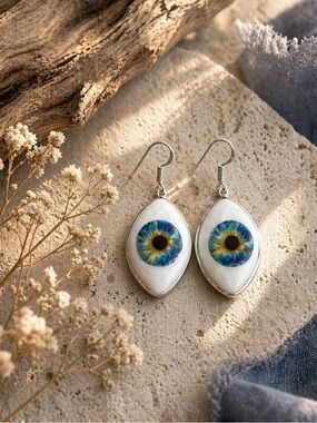 Handcrafted Evil Eye/Sunflower Sterling Silver Dangle 1.8” Earrings